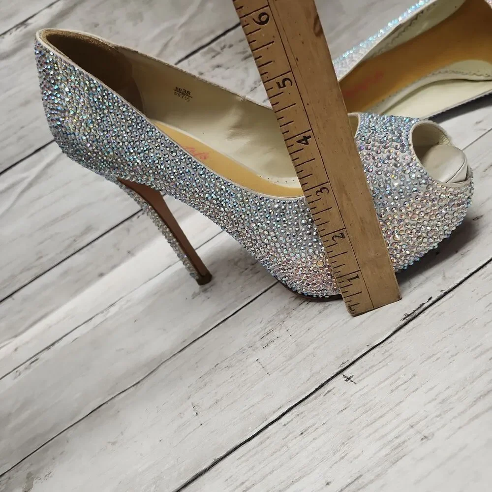 Benjamin Adams London Silver Jewel Encrusted Peep Toe Platform Pumps S 7.5/38
